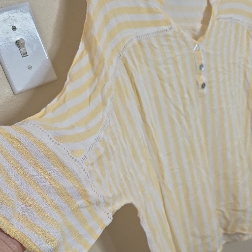 Adrienne Vittadini Blouse Yellow White Stripe Women 2X Boho Henley Peasant Lagen - Picture 6 of 7